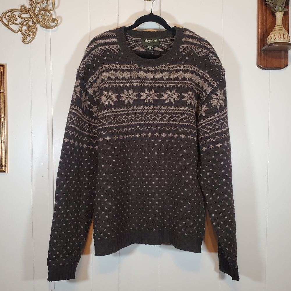 Eddie Bauer Wool Fair Isle Hunter Green Men's Large Warm Winter Thick Sweater